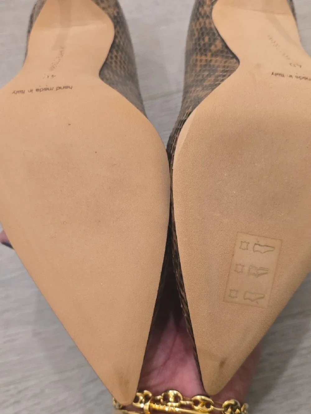 Manolo Blahnik Tan and Brown Snake-Print Pointed-Toe Pumps - Picture 3 of 3